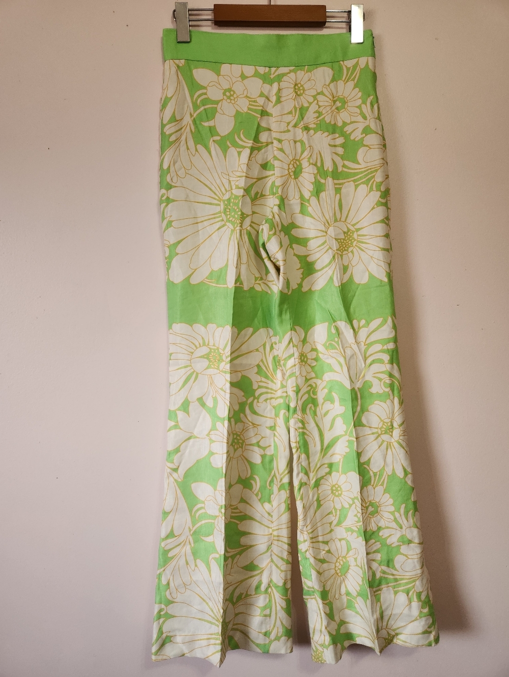 Sandro Paris Daisy Print Wide Leg Trousers Green/White EUC Size 2 Linen Blend